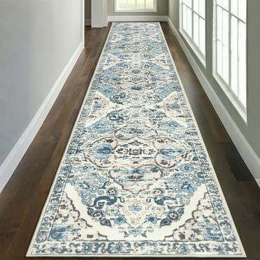 MeyJey Boho Indoor Hallway Runner Rug 2.6'x14', Oriental Non Slip Machine Washable Area Rug Distressed Vintage Floor Carpet for Bedroom Kitchen Dinning/Living/Laundry Room, Blue/Beige