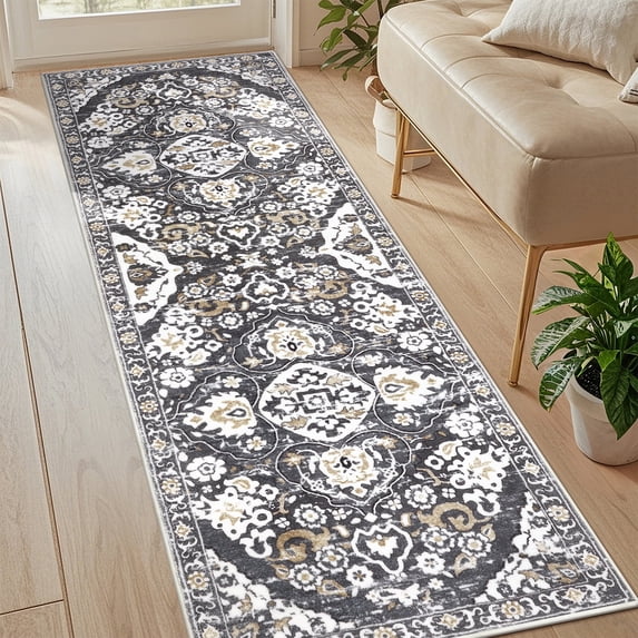 MeyJey 2.6'x8' Boho Runner Rug for Hallway, Oriental Non Slip Machine Washable Area Rug Distressed Vintage Floor Carpet for Bedroom Kitchen Dinning/Living/Laundry Room, Gray/Brown