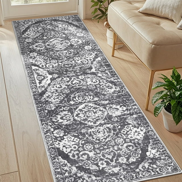 MeyJey Boho Indoor Hallway Runner Rug 2.6'x8', Oriental Non Slip Machine Washable Area Rug Distressed Vintage Floor Carpet for Bedroom Kitchen Dinning/Living/Laundry Room, Gray