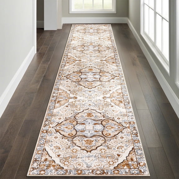 MeyJey 2'x10' Boho Runner Rug for Hallway , Oriental Non Slip Machine Washable Area Rug Distressed Vintage Floor Carpet for Laundry Bedroom Dinning Living Room, Cream/Orange