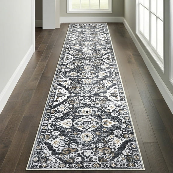 MeyJey Boho Indoor Hallway Runner Rug 2'x10', Oriental Non Slip Machine Washable Area Rug Distressed Vintage Floor Carpet for Bedroom Kitchen Dinning/Living/Laundry Room, Gray/Brown