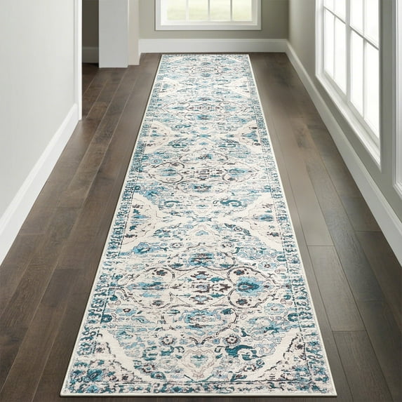 MeyJey Boho Indoor Hallway Runner Rug 2 ft x 10 ft, Oriental Non Slip Machine Washable Area Rug Blue