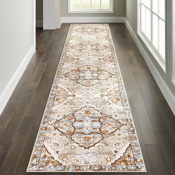 MeyJey Boho Indoor Hallway Runner Rug 2'x10', Oriental Non Slip Machine Washable Area Rug Distressed Vintage Floor Carpet for Bedroom Kitchen Dinning/Living/Laundry Room, Cream/Orange