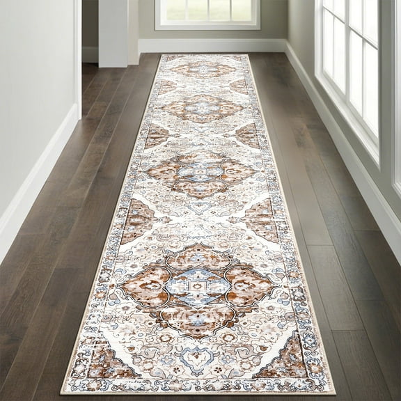 MeyJey Boho Indoor Hallway Runner Rug 2'x10', Oriental Non Slip Machine Washable Area Rug Distressed Vintage Floor Carpet for Bedroom Kitchen Dinning/Living/Laundry Room, Beige/Brown