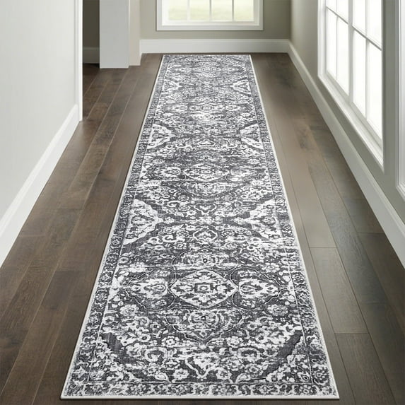 MeyJey Boho Indoor Hallway Runner Rug 2'x10', Oriental Non Slip Machine Washable Area Rug Distressed Vintage Floor Carpet for Bedroom Kitchen Dinning/Living/Laundry Room, Gray