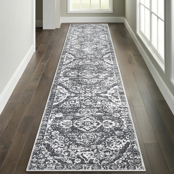 MeyJey Boho Indoor Hallway Runner Rug 2'x10', Oriental Non Slip Machine Washable Area Rug Distressed Vintage Floor Carpet for Bedroom Kitchen Dinning/Living/Laundry Room, Gray