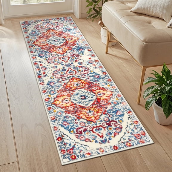 MeyJey 2'x6' Boho Runner Rug for Hallway, Non Slip Machine Washable Area Rug Distressed Vintage Floor Carpet for Laundry Bedroom Kitchen Living, Red/Blue/Beige