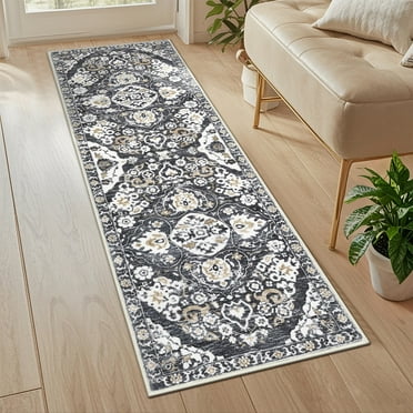 MeyJey Boho Indoor Hallway Runner Rug 2'x6', Oriental Non Slip Machine Washable Area Rug Distressed Vintage Floor Carpet for Bedroom Kitchen Dinning/Living/Laundry Room, Gray/Brown
