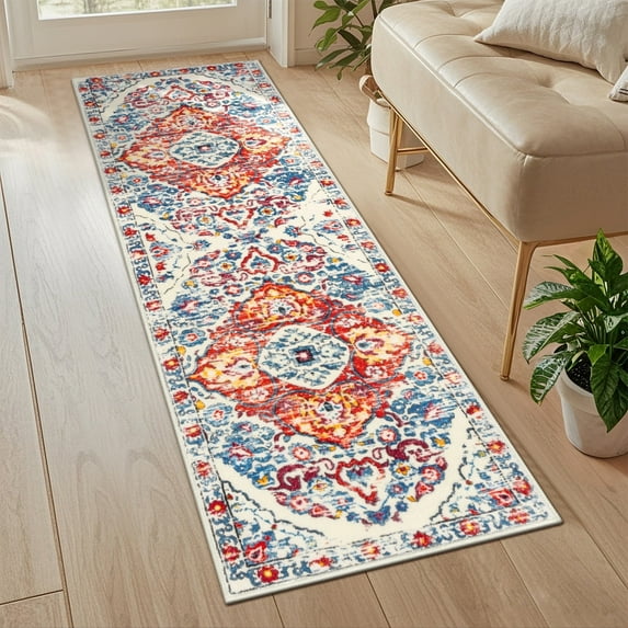 MeyJey Boho Indoor Hallway Runner Rug 2'x6', Oriental Non Slip Machine Washable Area Rug Distressed Vintage Floor Carpet for Bedroom Kitchen Dinning/Living/Laundry Room, Red/Blue/Beige