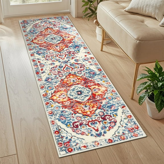 MeyJey Boho Indoor Hallway Runner Rug 2'x6', Oriental Non Slip Machine Washable Area Rug Distressed Vintage Floor Carpet for Bedroom Kitchen Dinning/Living/Laundry Room, Red/Blue/Beige