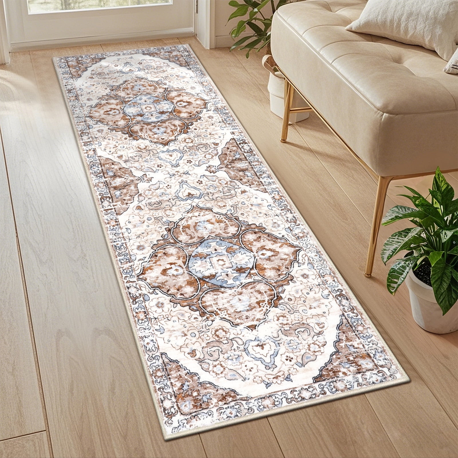 MeyJey Boho Indoor Hallway Runner Rug 2'x6', Oriental Non Slip Machine Washable Area Rug Distressed Vintage Floor Carpet for Bedroom Kitchen Dinning/Living/Laundry Room, Beige/Brown