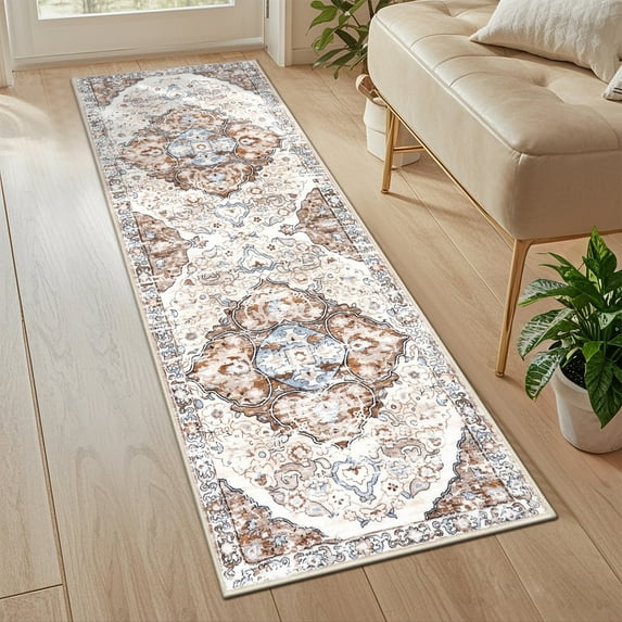 MeyJey Boho Indoor Hallway Runner Rug 2'x6', Oriental Non Slip Machine Washable Area Rug Distressed Vintage Floor Carpet for Bedroom Kitchen Dinning/Living/Laundry Room, Beige/Brown