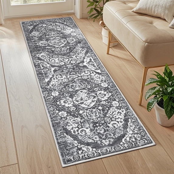 MeyJey Boho 2'x6' Runner Rug for Hallway, Non Slip Machine Washable Rug Distressed Vintage Floor Carpet for Bedroom Dinning Living Laundry Room, Gray