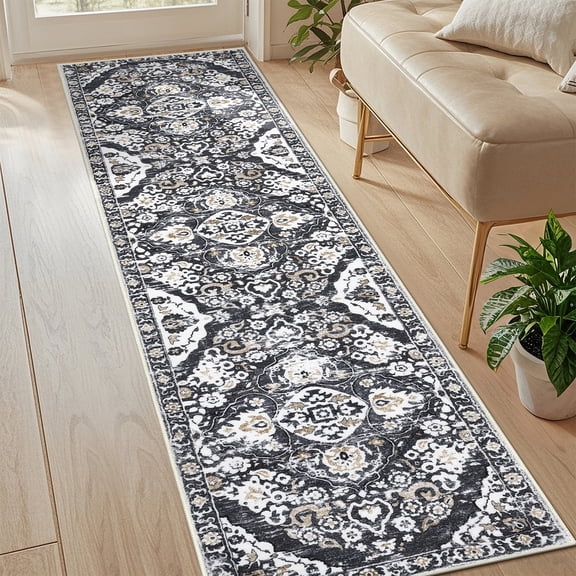 MeyJey 2'x8' Boho Runner Rug for Hallway, Non Slip Oriental Machine Washable Area Rug Distressed Vintage Floor Carpet for Laundry Bedroom Dinning Living, Gray/Brown