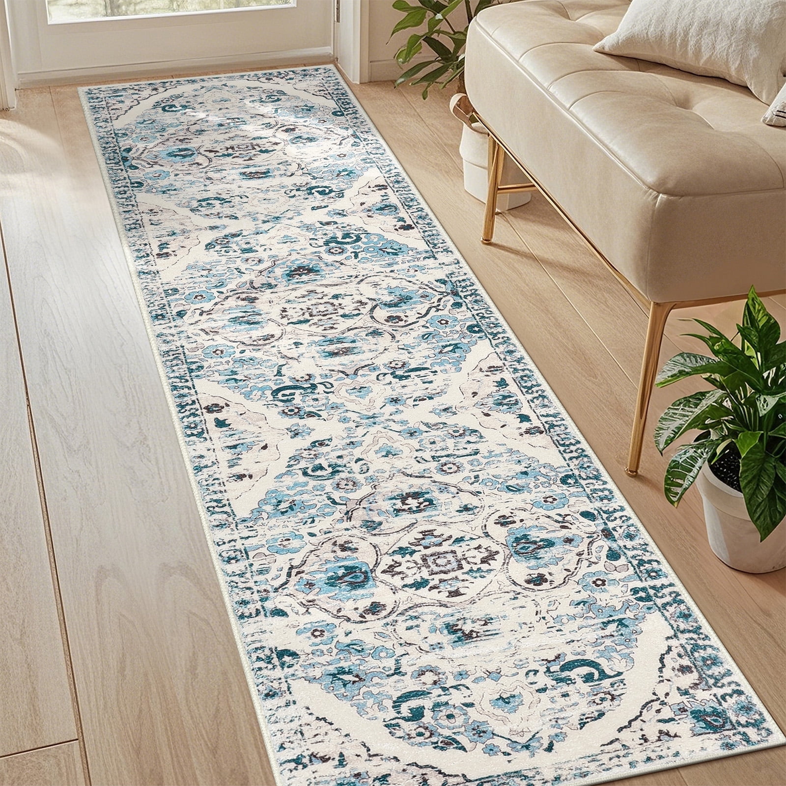 MeyJey 2'x8' Boho Runner Rug for Hallway, Non Slip Machine Washable Rug Distressed Vintage Floor Carpet for Bedroom Kitchen Laundry Room, Blue/Beige