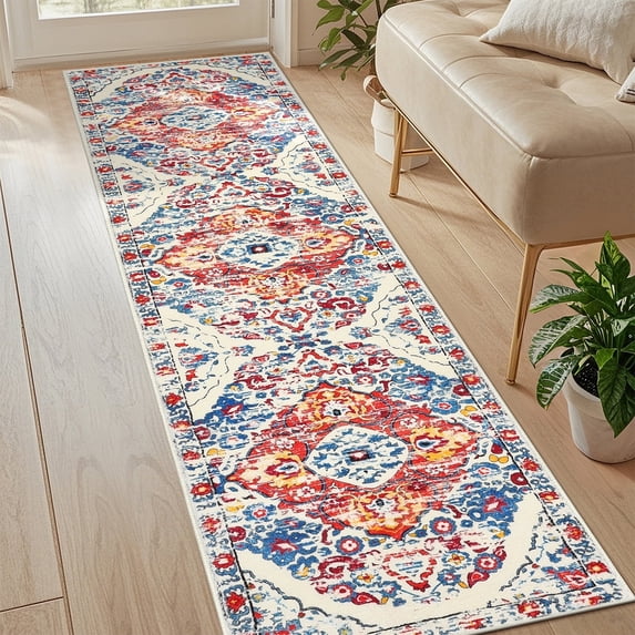 MeyJey 2'x8' Boho Runner Rug for Hallway, Non Slip Machine Washable Rug Distressed Vintage Floor Carpet for Bedroom Kitchen Laundry Room, Red/Blue/Beige
