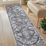 MeyJey 2'x8' Boho Runner Rug for Hallway, Non Slip Machine Washable Rug Distressed Vintage Floor Carpet for Laundry Bedroom Kitchen, Gray