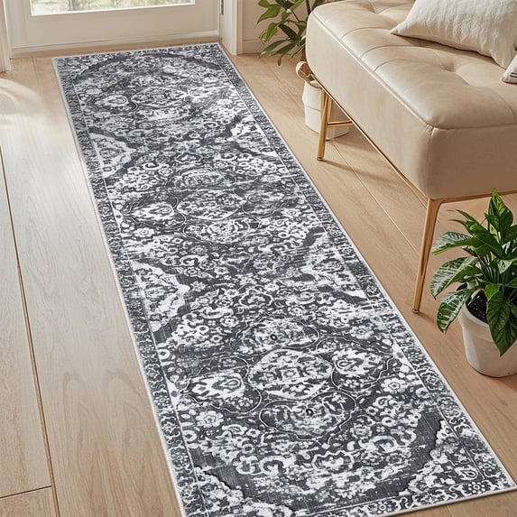 MeyJey 2'x8' Boho Runner Rug for Hallway, Non Slip Machine Washable Rug Distressed Vintage Floor Carpet for Bedroom Kitchen Laundry Room, Gray