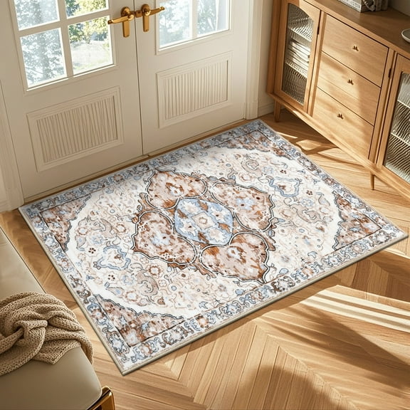 MeyJey Boho Indoor Living Room Area Rug 2'x3', Non-Slip Machine Washable Vintage Oriental Distressed Floor Carpet for Bedroom Dining Kitchen Hallway, Beige/Brown