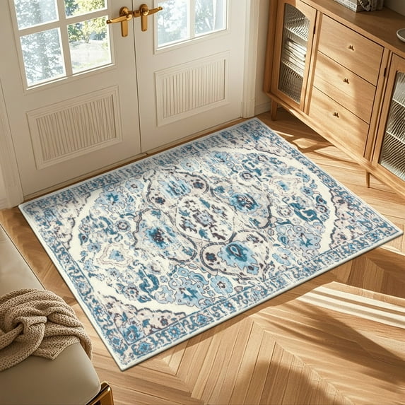 MeyJey Boho Indoor Living Room Area Rug 2'x3', Non-Slip Machine Washable Vintage Oriental Distressed Floor Carpet for Bedroom Dining Kitchen Hallway Nursery, Blue/Beige