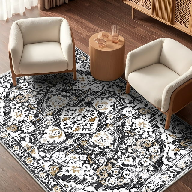 MeyJey Boho Indoor Living Room Area Rug 3'x5', Non-Slip Machine Washable Vintage Oriental Distressed Floor Carpet for Bedroom Dining Kitchen Hallway Nursery, Gray/Brown