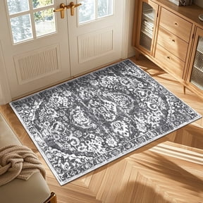 MeyJey 3'x5' Boho Area Rug for Living Room, Non Slip Machine Washable Vintage Oriental Distressed Floor Carpet for Bedroom Dining Kitchen Hallway Nursery, Gray
