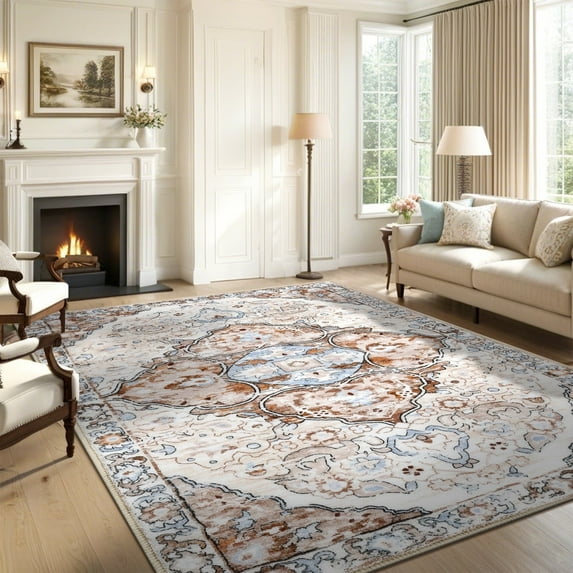 MeyJey 6'x9' Boho Area Rug for Living Room, Non-Slip Machine Washable Vintage Oriental Distressed Floor Carpet for Bedroom Dining Kitchen Nursery, Beige/Brown