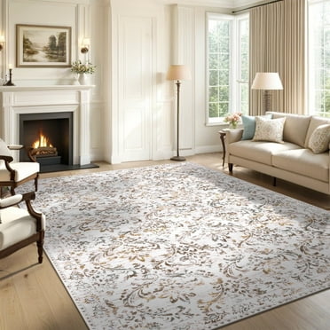 MeyJey 8'x10' Boho Traditional Large Area Rug, Vintage Distressed Machine Washable Throw Rug, Non-Slip Stain Resistant Oriental Carpet for Living Room Bedroom Dining Room Office, Beige/Taupe/Gray