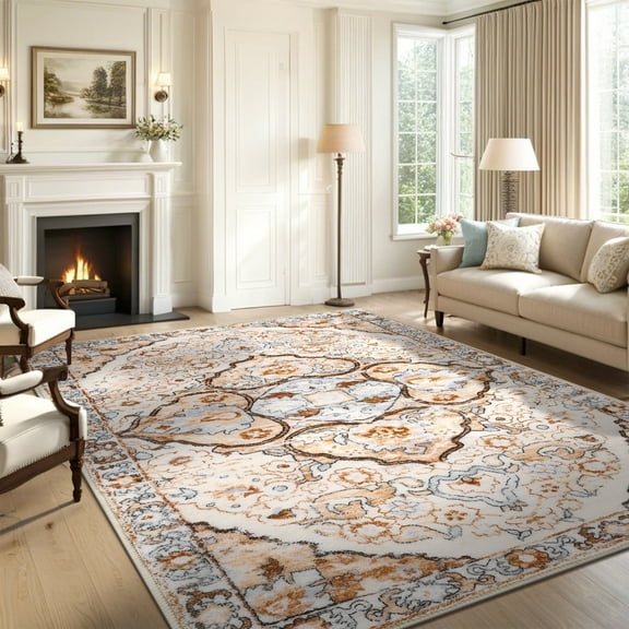 MeyJey 9'x12'Boho Area Rug for Living Room, Non-Slip Machine Washable Vintage Floor Chenille Carpet for Bedroom Dining Kitchen Hallway, Cream/Orange