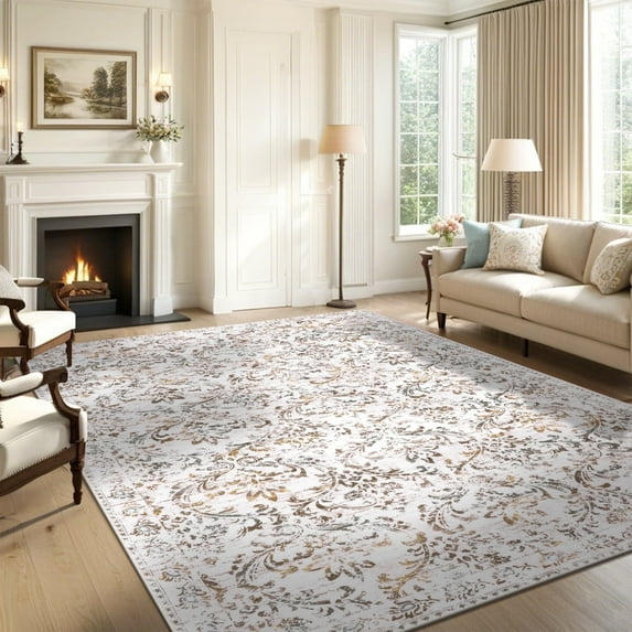 MeyJey 9'x12' Boho Traditional Large Area Rug, Vintage Distressed Machine Washable Throw Rug, Non-Slip Stain Resistant Oriental Carpet for Living Room Bedroom Dining Room Office, Beige/Taupe/Gray