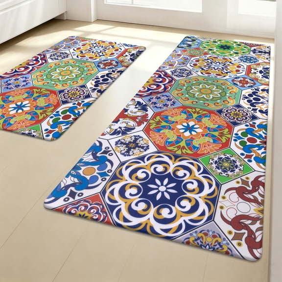 MeyJey Boho Kitchen Rug Set of 2, Non Slip Anti Fatigue Waterproof Cushioned Mat for Kitchen, Dining, Laundry Room, 18"x30"+18"x48" White/Yellow/Blue