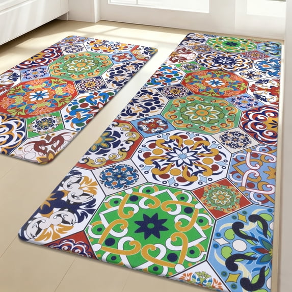 MeyJey Boho Kitchen Rug Set of 2, Non Slip Anti Fatigue Waterproof Cushioned Mat for Kitchen Dining Laundry Room, 20"x31.5"+20"x59" White/Yellow/Blue