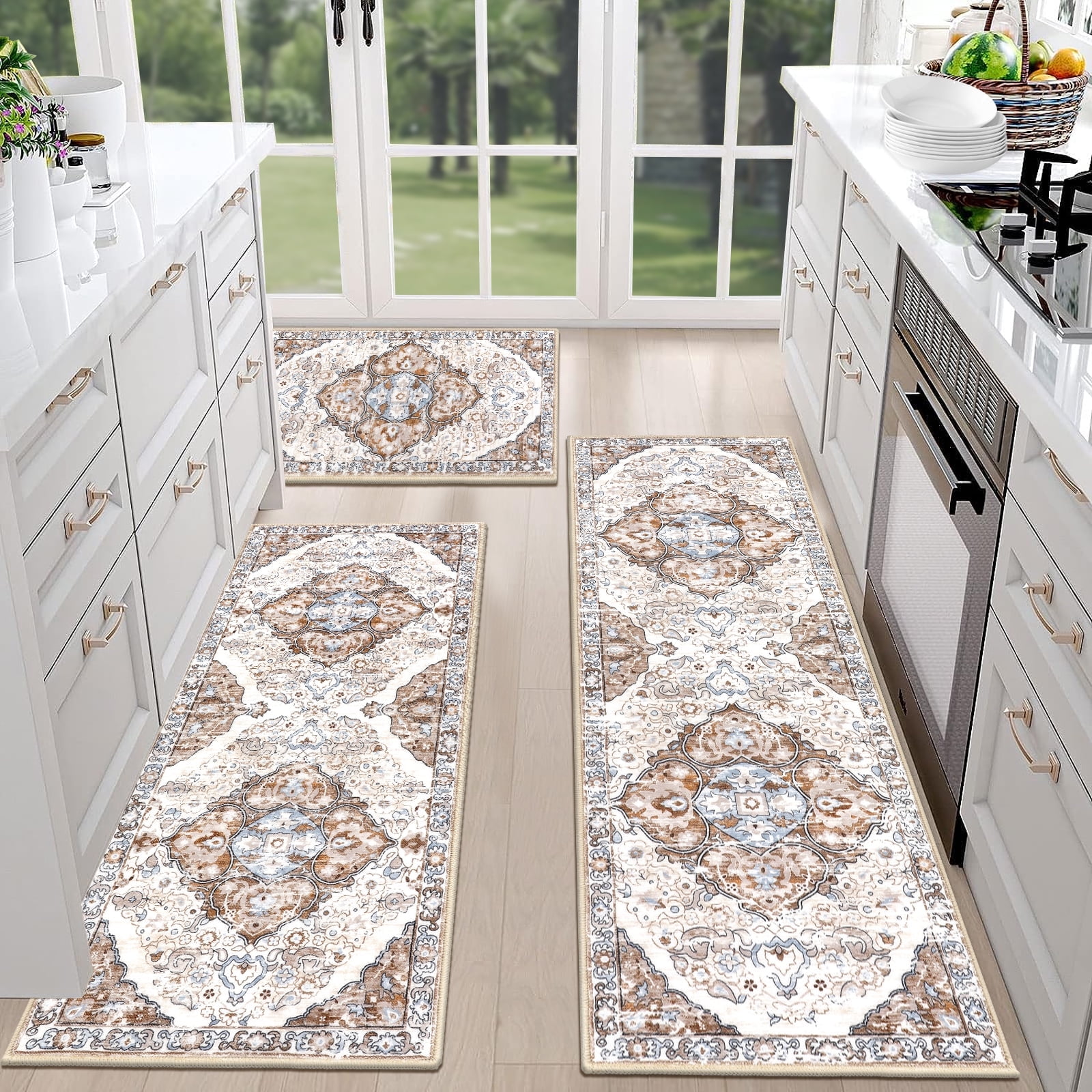 MeyJey Boho Kitchen Rug Set 3 Piece, Non Slip Machine Washable Kitchen