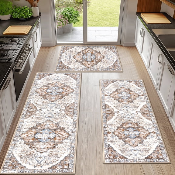 MeyJey Kitchen Rug Set 3 Piece, Non Slip Machine Washable Mats for Home Floor and Living Room, Beige/Brown