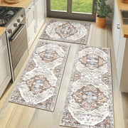 MeyJey Boho Kitchen Rug and Mat Set 3 Piece, Non-Slip Machine Washable Rugs for Kitchen Floor Dining/Laundry/Living Room, Beige/Brown