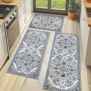 MeyJey Boho Kitchen Rug and Mat Set 3 Piece, Non-Slip Machine Washable Rugs for Kitchen Floor Dining/Laundry/Living Room, Blue/Beige