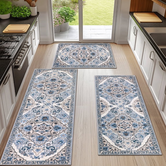 MeyJey Kitchen Rug Set 3 Piece, Non Slip Machine Washable Mats for Home Floor and Living Room, Blue/Beige