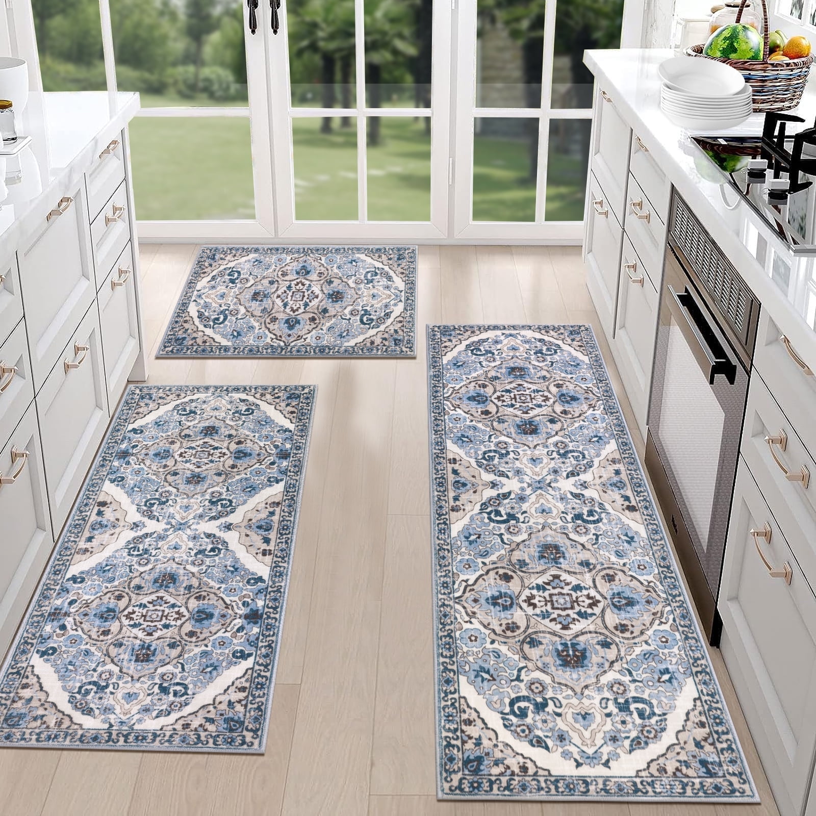 MeyJey Boho Distressed Kitchen Rug Set 3 Piece, Non Slip, Machine ...