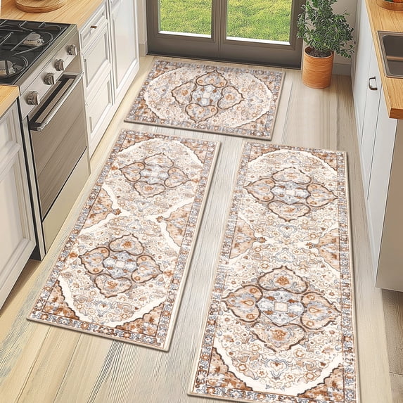 MeyJey Boho Kitchen Rug and Mat Set 3 Piece, Non-Slip Machine Washable Rugs for Kitchen Floor Dining/Laundry/Living Room, Cream/Orange