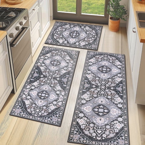 MeyJey Boho Kitchen Rug and Mat Set 3 Piece, Non-Slip Machine Washable Rugs for Kitchen Floor Dining/Laundry/Living Room, Gray/Brown