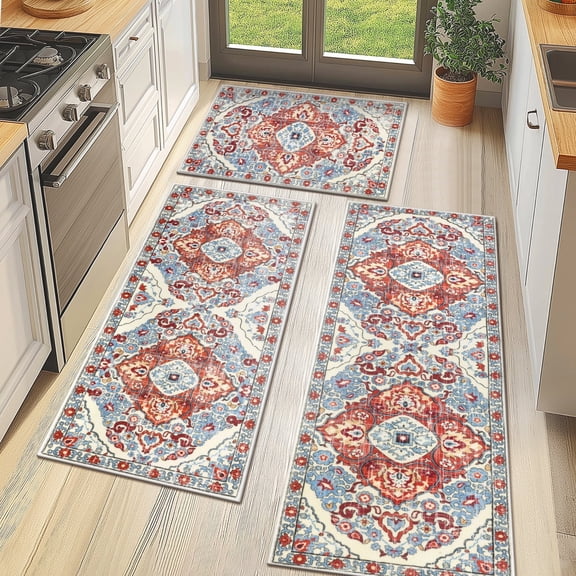 MeyJey Boho Kitchen Rug and Mat Set 3 Piece, Non-Slip Machine Washable Rugs for Kitchen Floor Dining/Laundry/Living Room, Red/Blue/Beige
