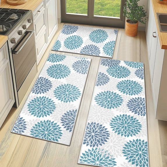 MeyJey Kitchen Rug Set 3 Pcs, Non Slip Machine Washable Kitchen Floor Mats for Home Floor and Living Room, Teal/Gray