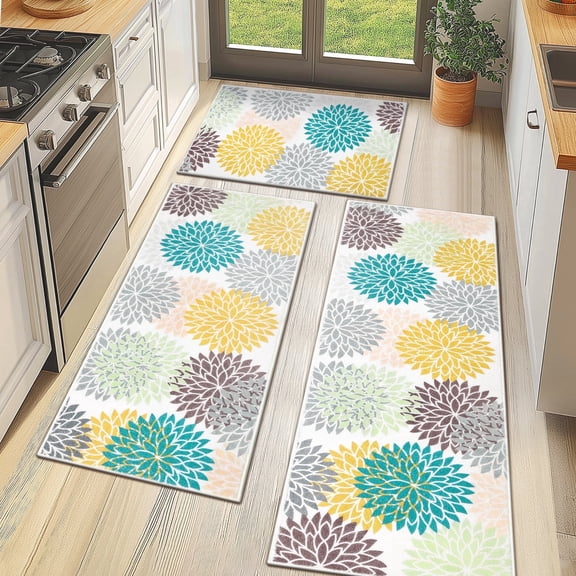 MeyJey Kitchen Rug Set 3 Pcs, Non Slip Machine Washable Kitchen Floor Mats for Home Floor and Living Room, Teal/Gray/Yellow