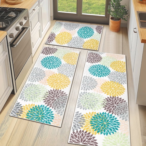 MeyJey Kitchen Rug Set 3 Pcs, Non Slip Machine Washable Kitchen Floor Mats for Home Floor and Living Room, Teal/Gray/Yellow