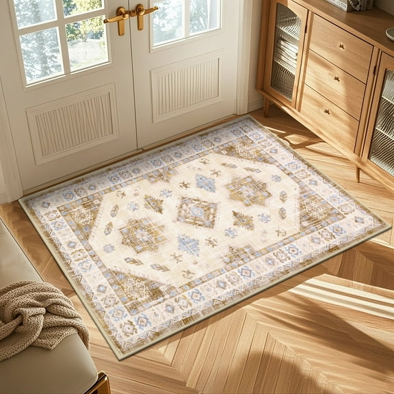 MeyJey Oriental Indoor Area Rug 2'x3' Non-Slip Machine Washable Vintage Distressed Floor Carpet for Living Room Bedroom Dining Kitchen Hallway, Beige/Brown