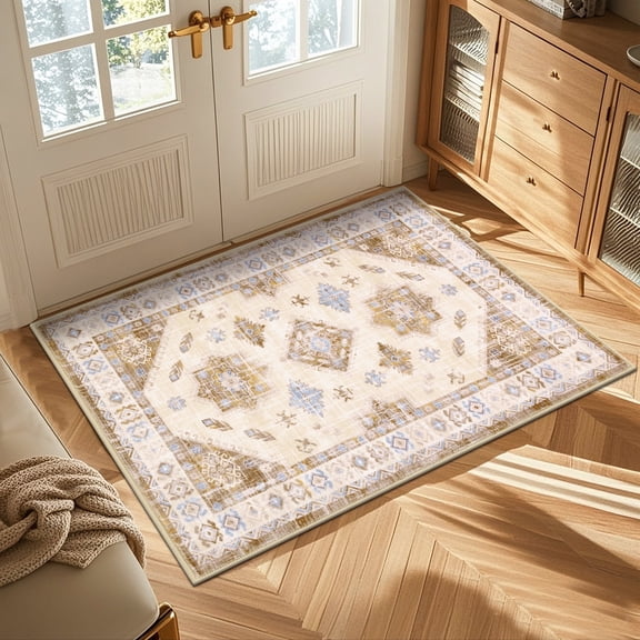 MeyJey Oriental Indoor Area Rug 2'x3' Non-Slip Machine Washable Vintage Distressed Floor Carpet for Living Room Bedroom Dining Kitchen Hallway, Beige/Brown