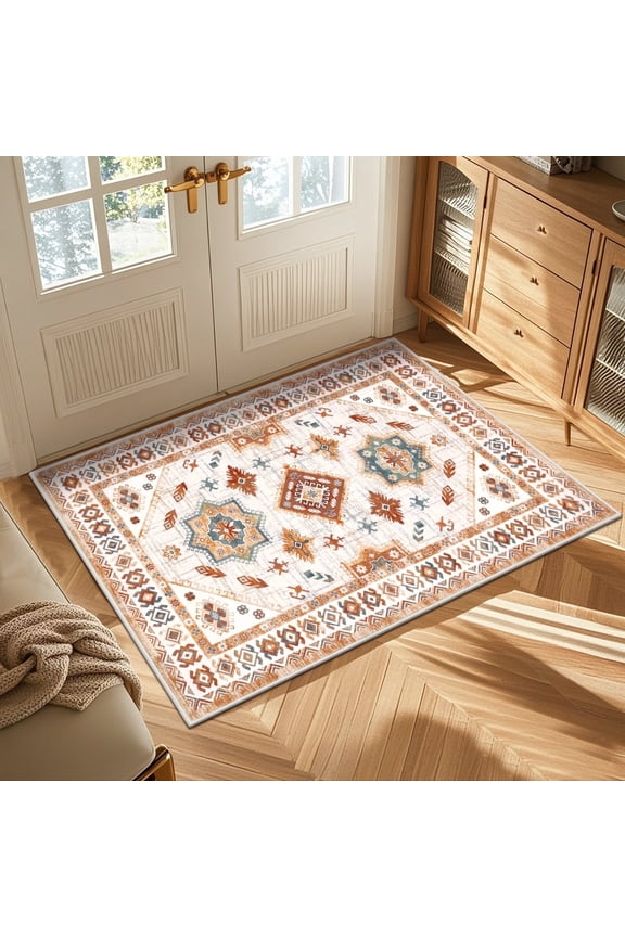 Oriental Indoor Area Rug 2'x3' Non-Slip Machine Washable Vintage Distressed Floor Carpet for Living Room Bedroom Dining Kitchen Hallway, Beige/Orange