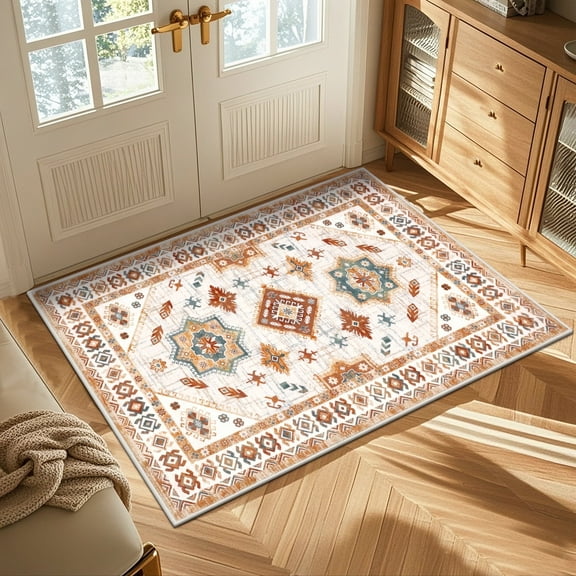 MeyJey Oriental Indoor Area Rug 2'x3' Non-Slip Machine Washable Vintage Distressed Floor Carpet for Living Room Bedroom Dining Kitchen Hallway, Beige/Orange