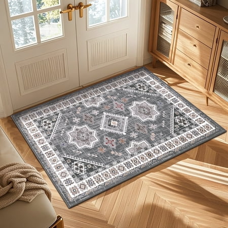 MeyJey Oriental Indoor Area Rug 2'x3' Non-Slip Machine Washable Vintage Distressed Floor Carpet for Living Room Bedroom Dining Kitchen Hallway, Gray/Brown