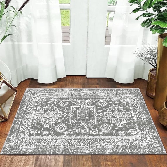 MeyJey Oriental Indoor Area Rug 2'x3' Non-Slip Machine Washable Vintage Distressed Floor Carpet for Living Room Bedroom Dining Kitchen Hallway, Gray